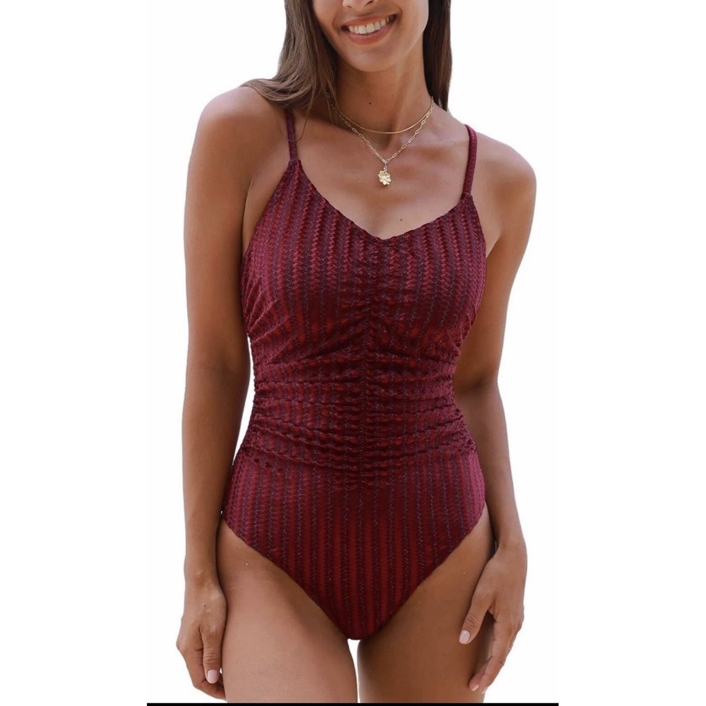 Cupshe Women's Velvet Ruching V Neck One Piece Swimsuit Red Size Large